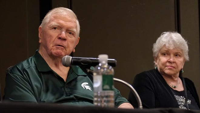 Former MSU head football coach George Perles along with his wife Sally, speaks at a news conference concerning a fundraising event spearheaded by Kirk Gibson to combat Parkinson’s Disease on Sept. 23, 2017.