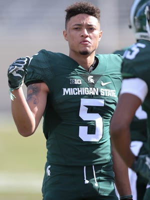 Michigan State receiver Hunter Rison on the sideline during the spring game at Spartan Stadium, Saturday, April 1, 2017.
