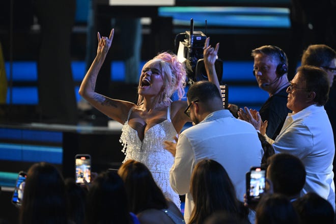 Colombian singer Karol G reacts to winning the Top Latin Album of the Year award at the 2023 Billboard Latin Music Awards on Oct. 5.
