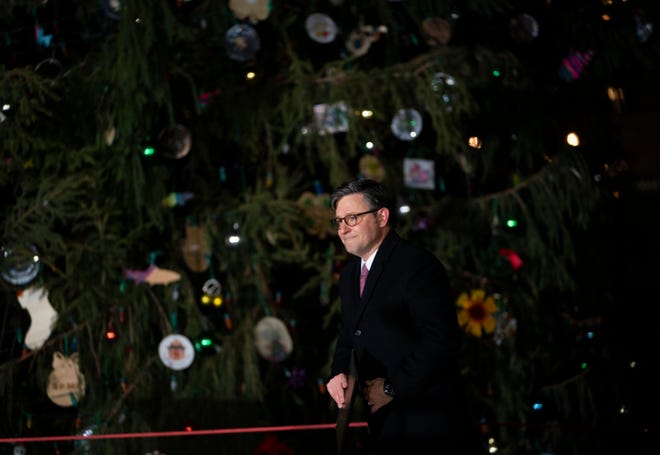 Speaker of the House Mike Johnson (R-LA), at the lighting of the 63-foot Norway spruce from the Monongahela National Forest in West Virginia during the U.S. Capitol Christmas Tree Lighting Ceremony on Nov. 28, 2023.