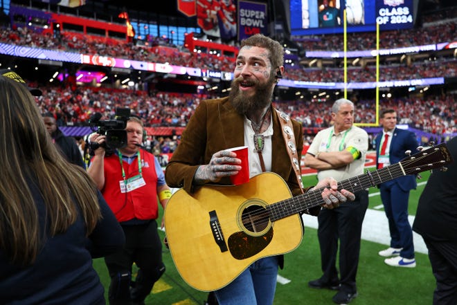 Post Malone is featured on the opening track of "The Tortured Poets Department." "Fortnight" is also the album's first single and video. Here he walks on the field to sing "America the Beautiful" before the Super Bowl in 2024.