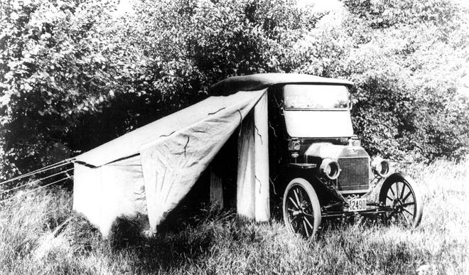 Model T Runabout with tent attatched: The initial Model T's came epuipped with only the barest necessities, but soon they were modified to facilitate camping enabling enthusiasts more mobility. From the collections of The Henry Ford and Ford Motor Company. (04/21/08)