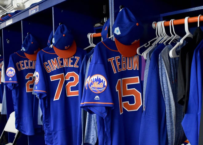 Feb. 15: Tebow's jersey hangs in his locker in Port St. Lucie at the Mets spring training facility.