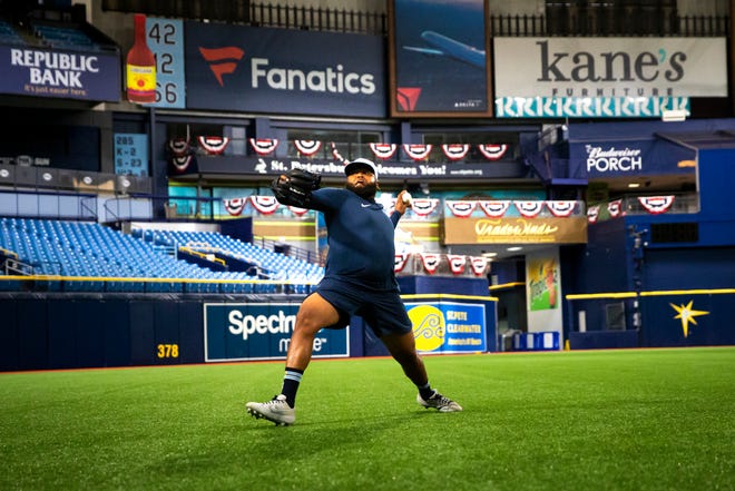 May 25: The Tampa Bay Rays' José Alvarado plays catch during a voluntary workout at Tropicana Field in St. Petersburg, Florida.